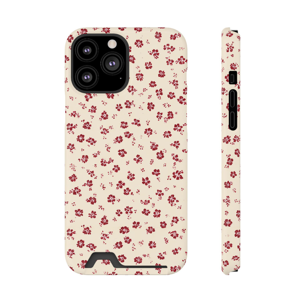 Red Ditsy Floral phone case with card holder for iPhone 13 Pro Max, glossy finish
