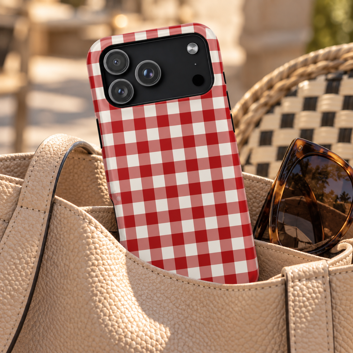 Red Gingham protective phone case, classic red and white gingham, lifestyle photo in a handbag