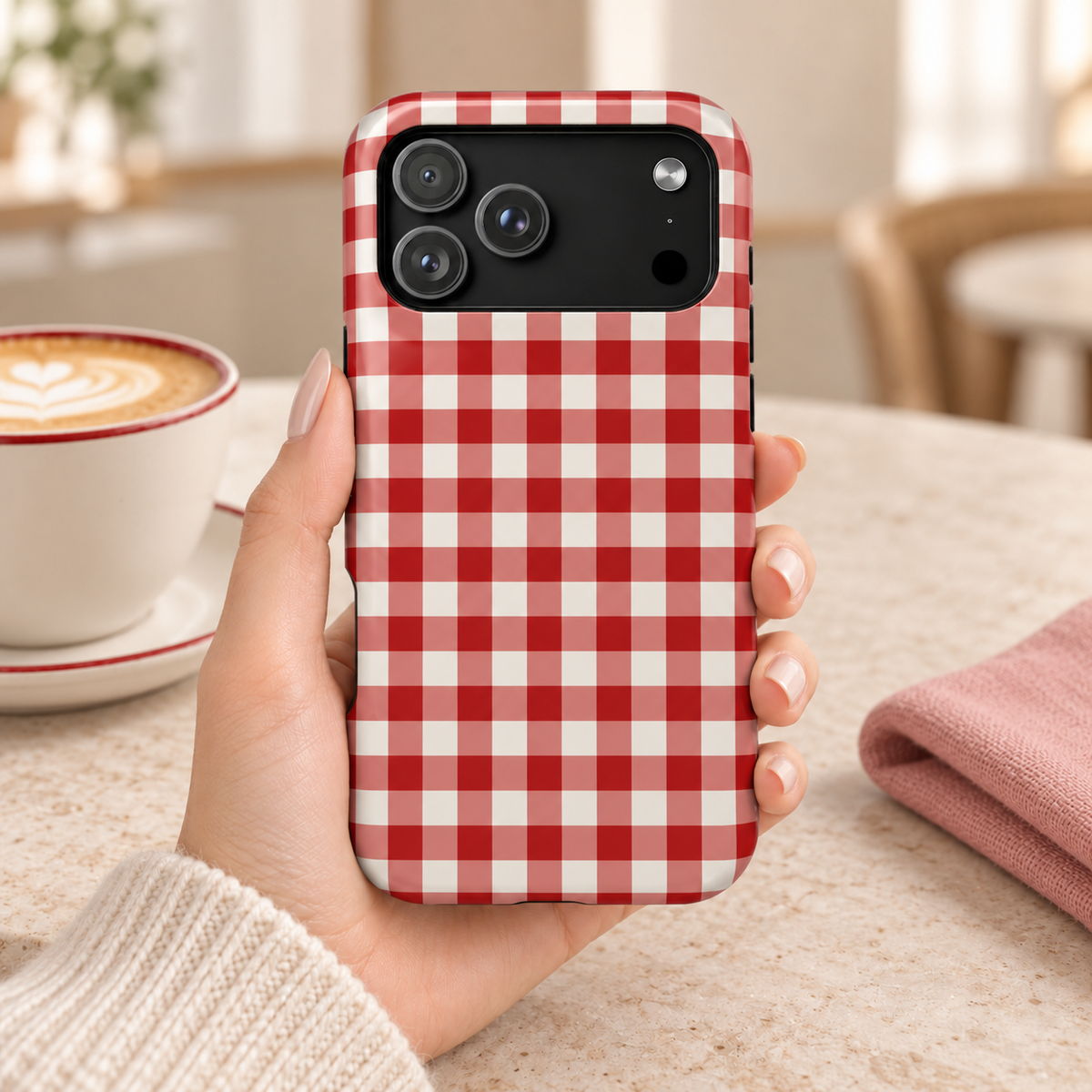 Red Gingham MagSafe case, classic red and white gingham, lifestyle photo in hand with coffee