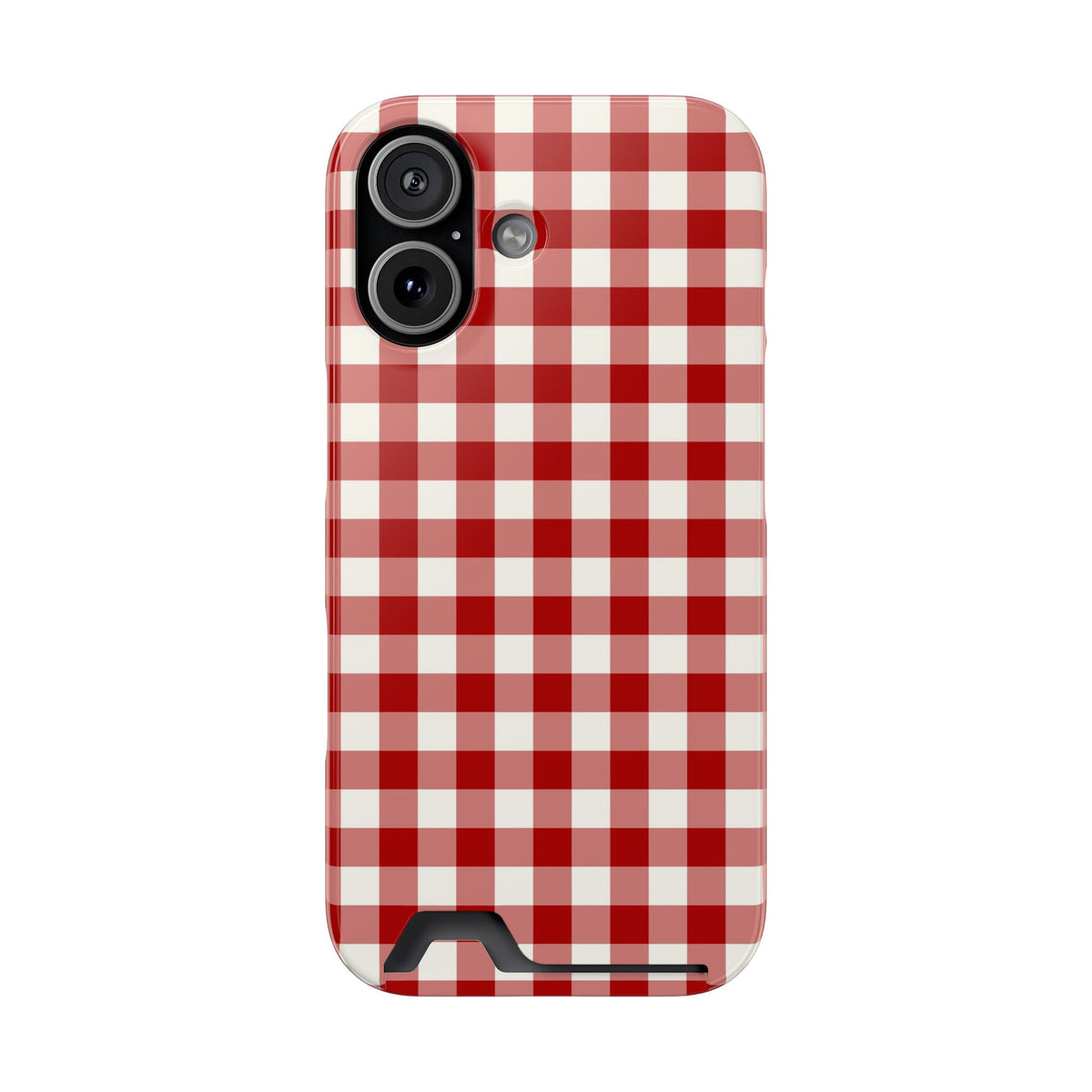 Red Gingham phone case with card holder for iPhone 17, glossy finish