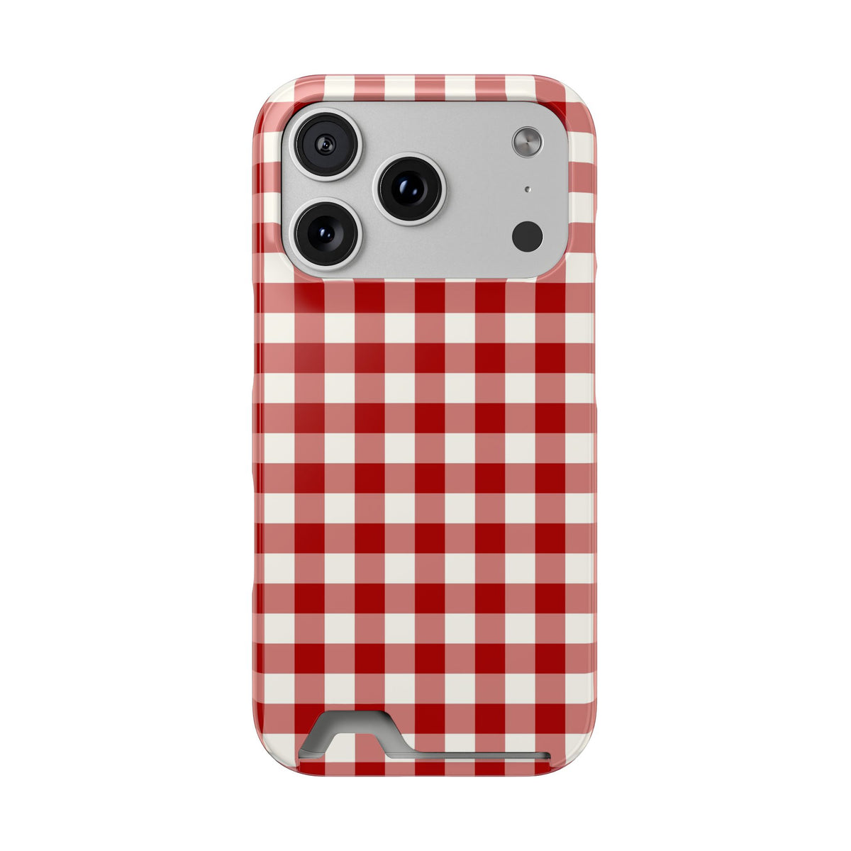 Red Gingham phone case with card holder for iPhone 17 Pro, glossy finish
