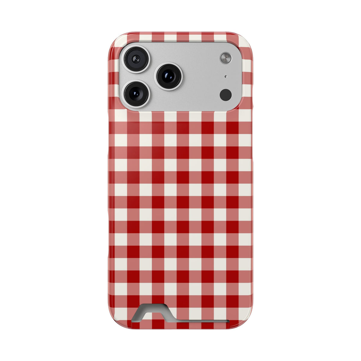 Red Gingham phone case with card holder for iPhone 17 Pro Max, glossy finish