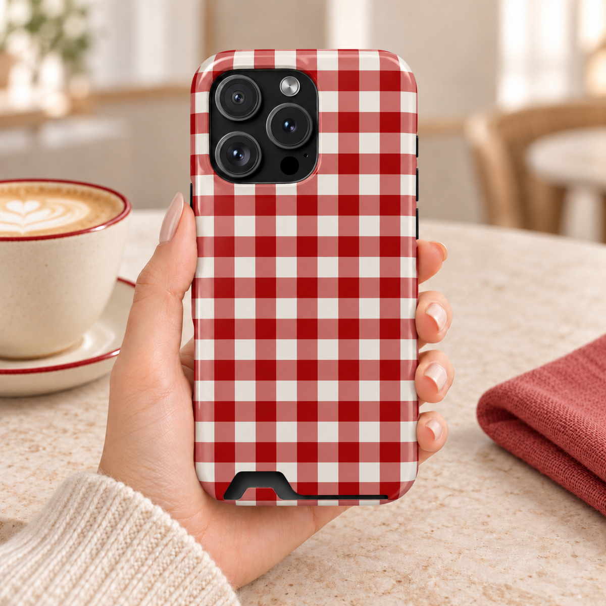 Red Gingham phone case with card holder, classic red and white gingham, lifestyle photo in hand with coffee