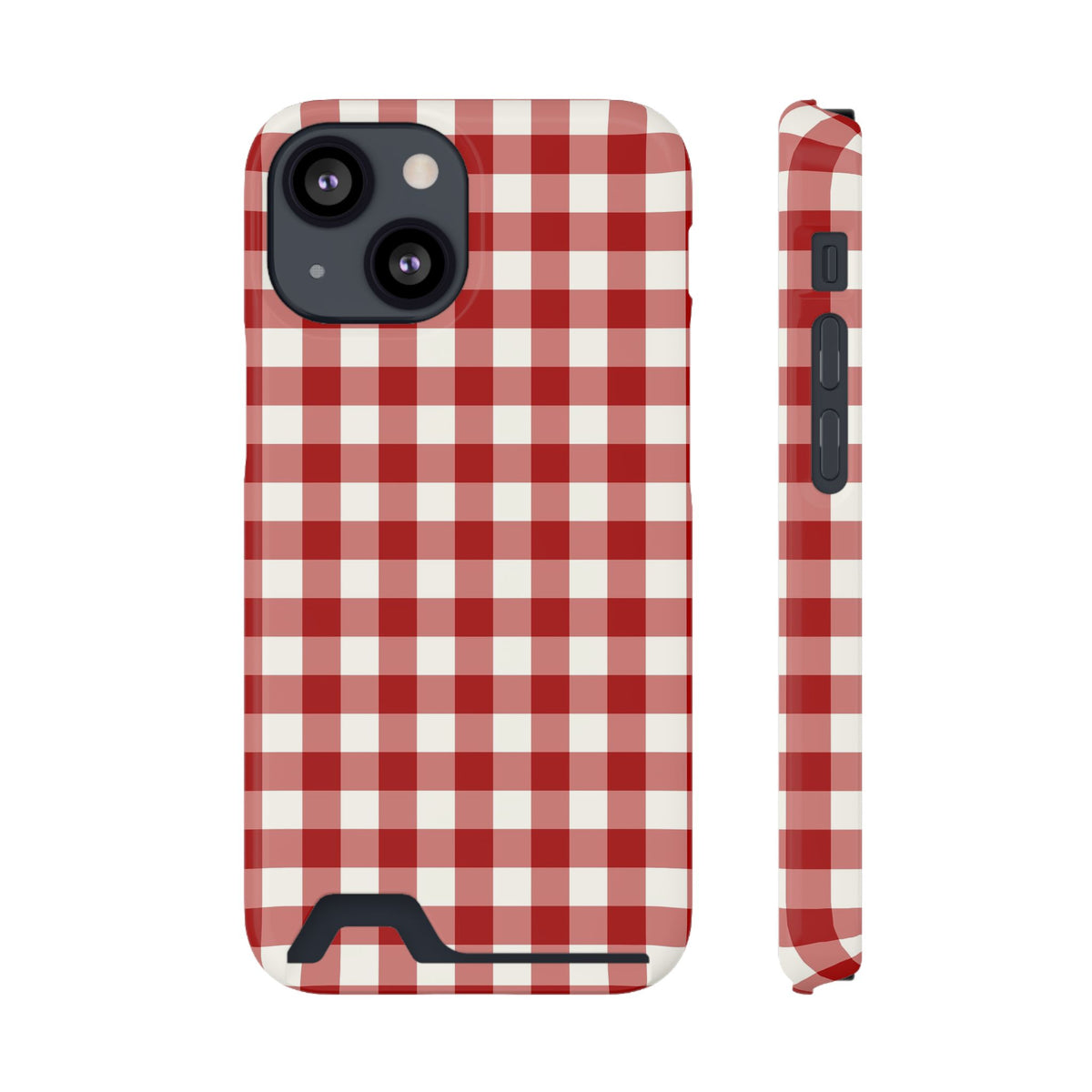Red Gingham phone case with card holder for iPhone 13 Mini, glossy finish