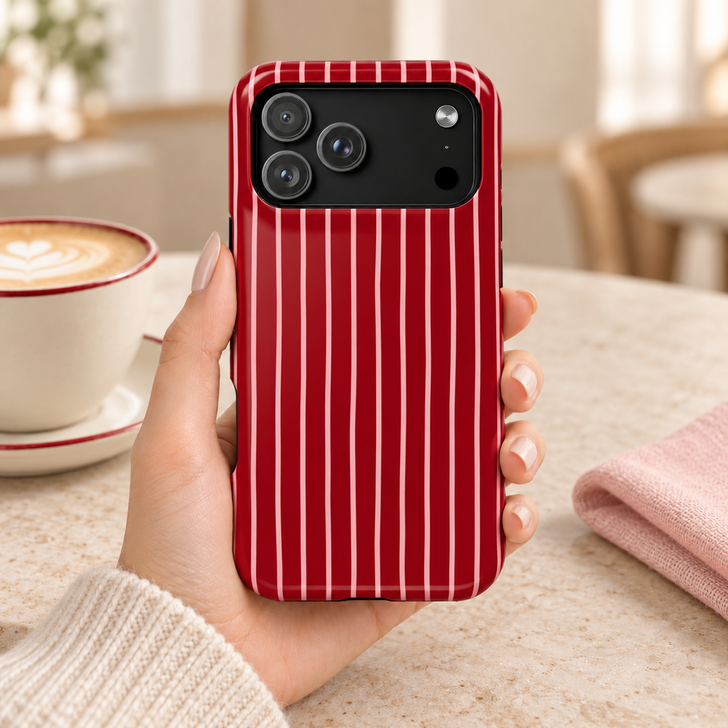 Red Pinstripe protective phone case, white pinstripes on cherry red, lifestyle photo in hand with coffee