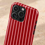 Red Pinstripe MagSafe case, white pinstripes on cherry red, lifestyle close-up of the camera