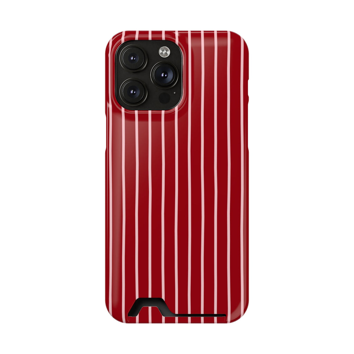 Red Pinstripe phone case with card holder for iPhone 14 Pro Max, glossy finish