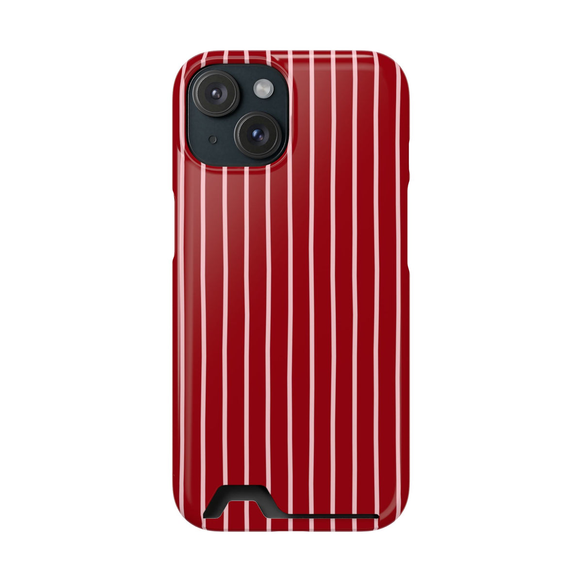 Red Pinstripe phone case with card holder for iPhone 15, glossy finish