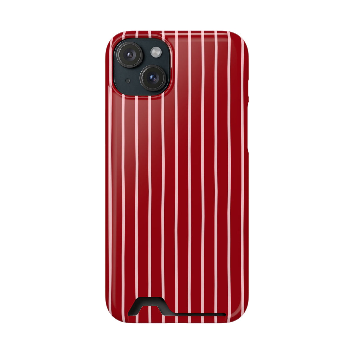 Red Pinstripe phone case with card holder for iPhone 15 Plus, glossy finish