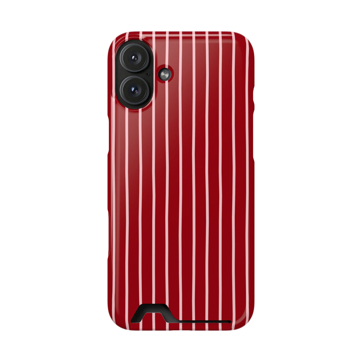 Red Pinstripe phone case with card holder for iPhone 16 Plus, glossy finish