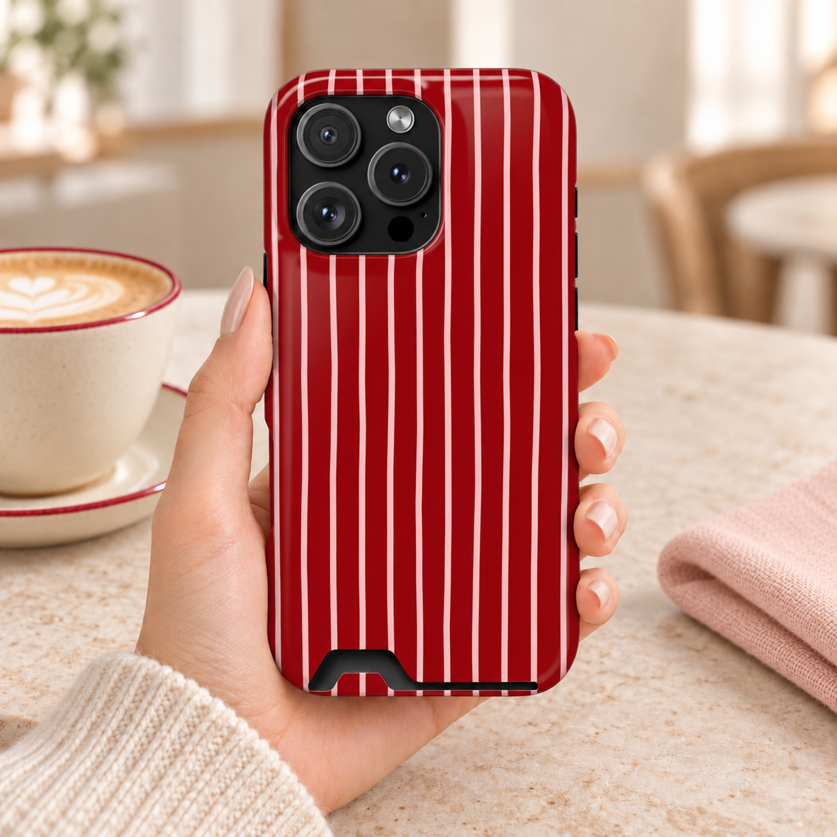 Red Pinstripe phone case with card holder, white pinstripes on cherry red, lifestyle photo in hand with coffee