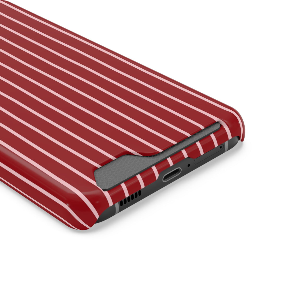 Red Pinstripe phone case with card holder, close-up of the card slot