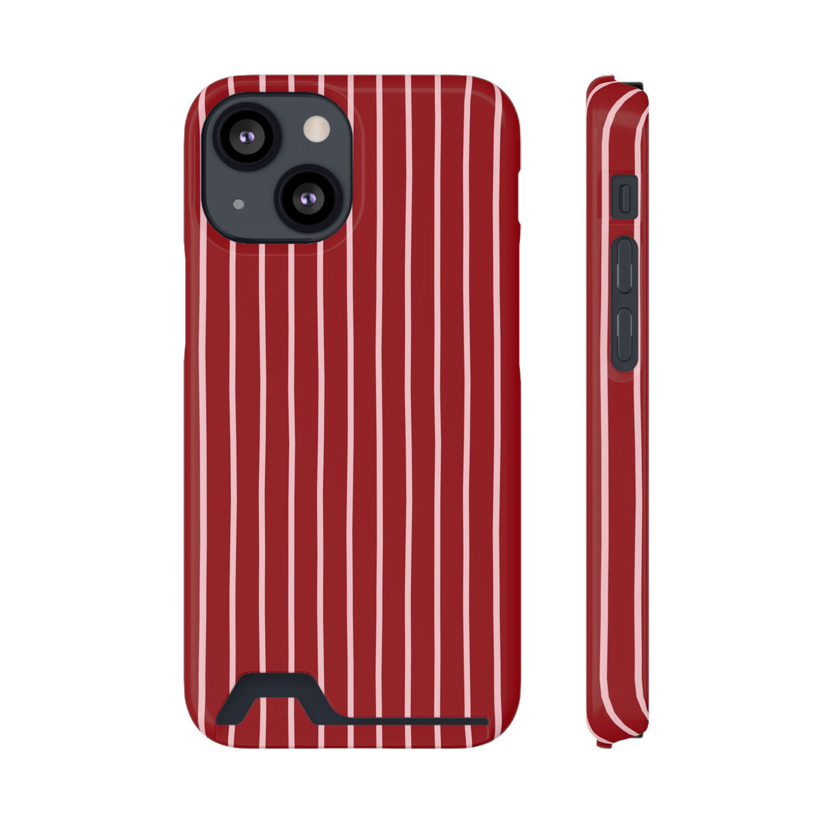 Red Pinstripe phone case with card holder for iPhone 13 Mini, glossy finish