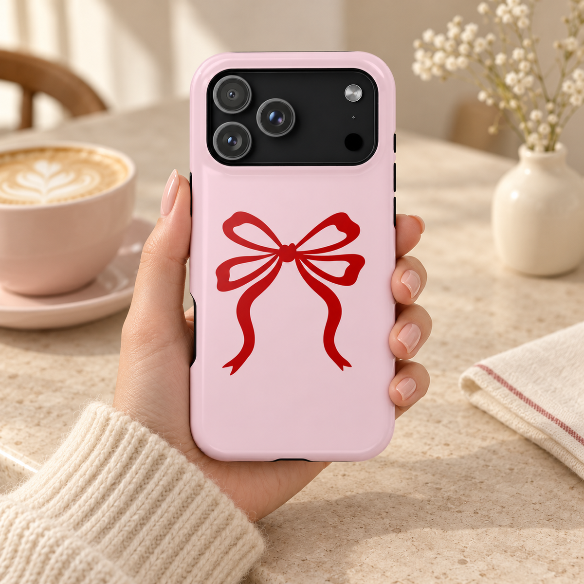 Red Ribbon Bow protective phone case, one big red ribbon bow on soft pink, lifestyle photo in hand with coffee