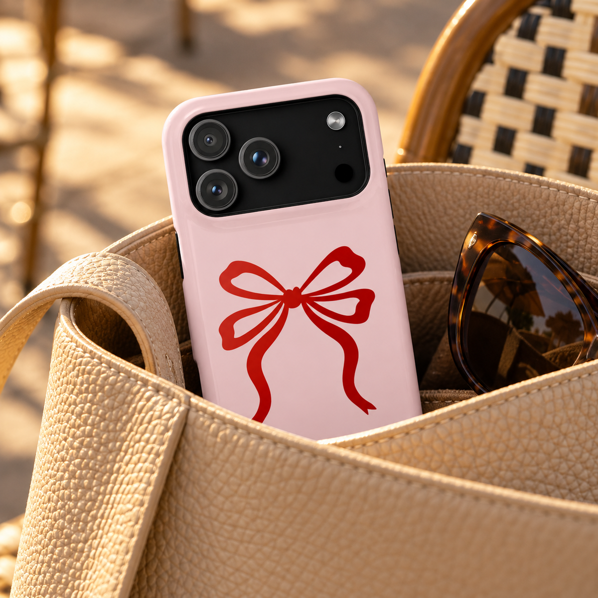 Red Ribbon Bow MagSafe case, one big red ribbon bow on soft pink, lifestyle photo in a handbag