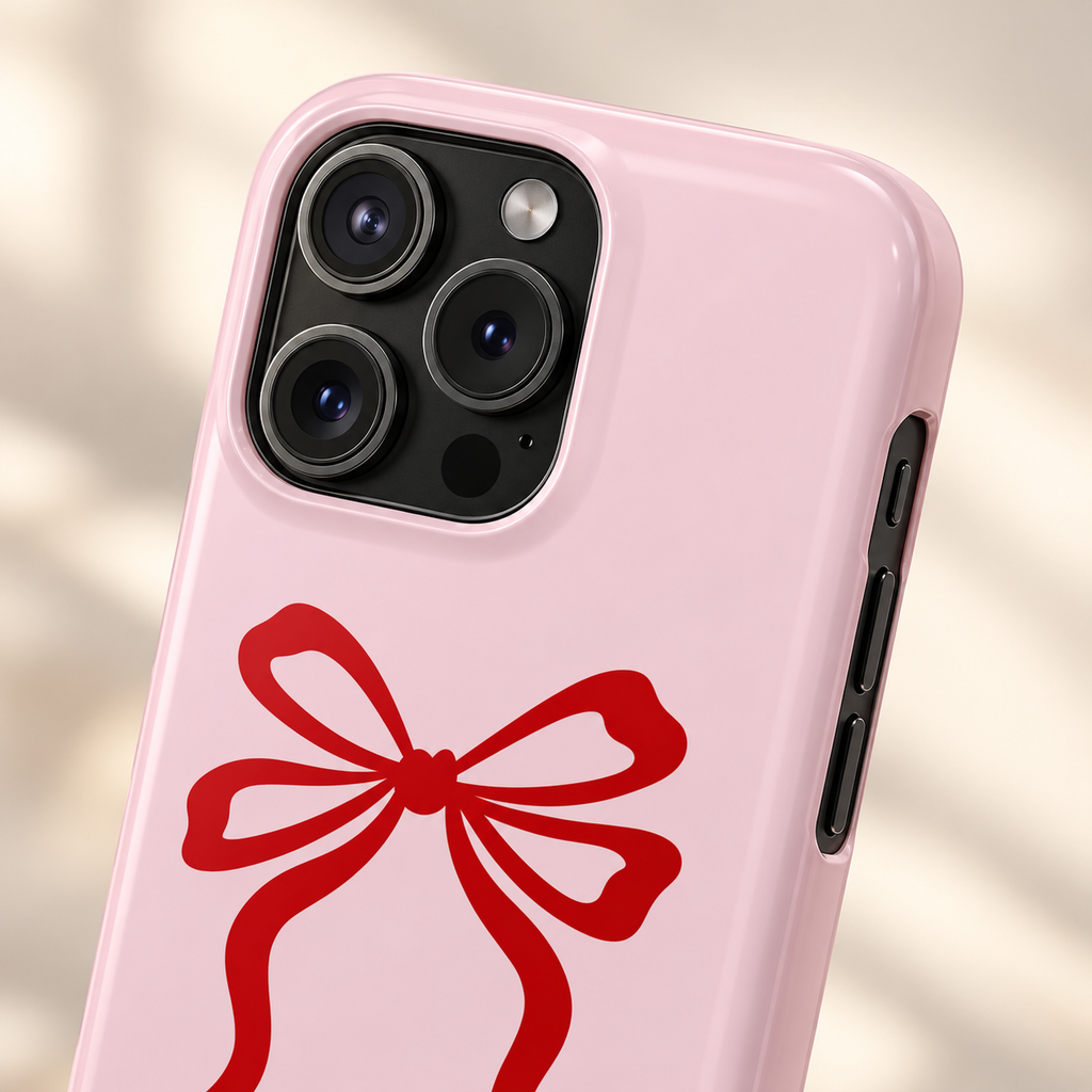 Red Ribbon Bow MagSafe case, one big red ribbon bow on soft pink, lifestyle close-up of the camera