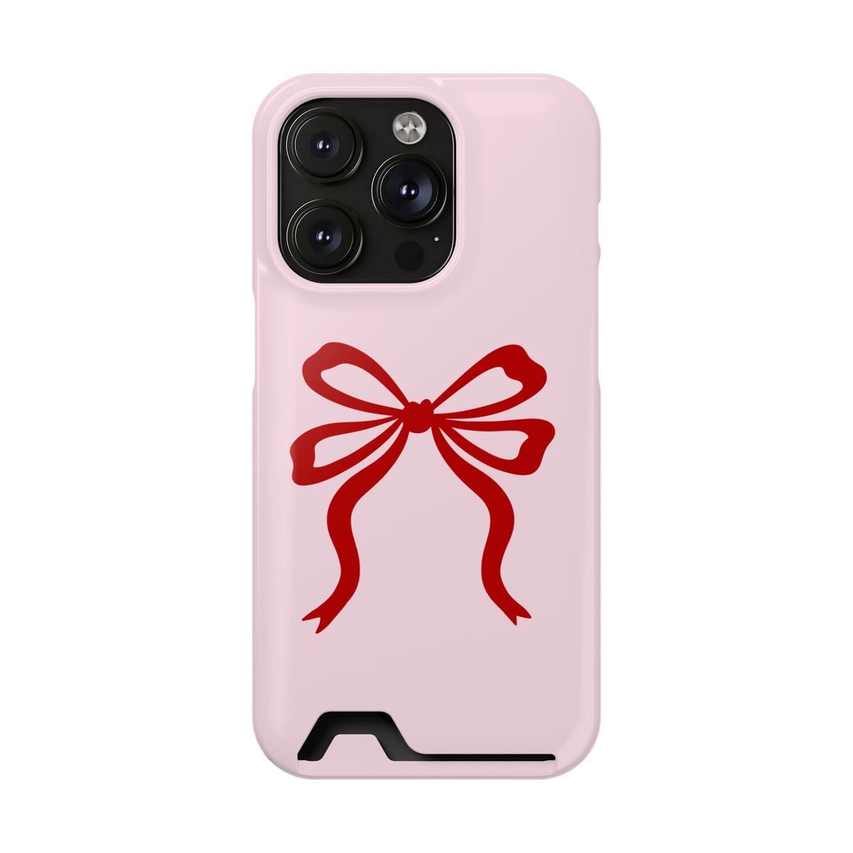 Red Ribbon Bow phone case with card holder for iPhone 14 Pro, glossy finish
