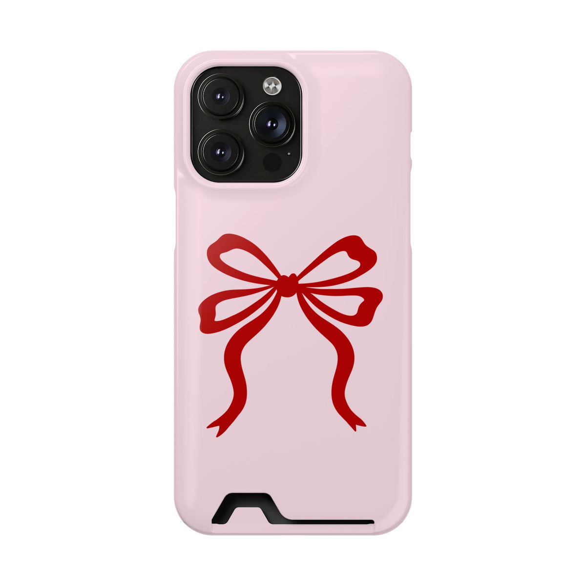 Red Ribbon Bow phone case with card holder for iPhone 14 Pro Max, glossy finish