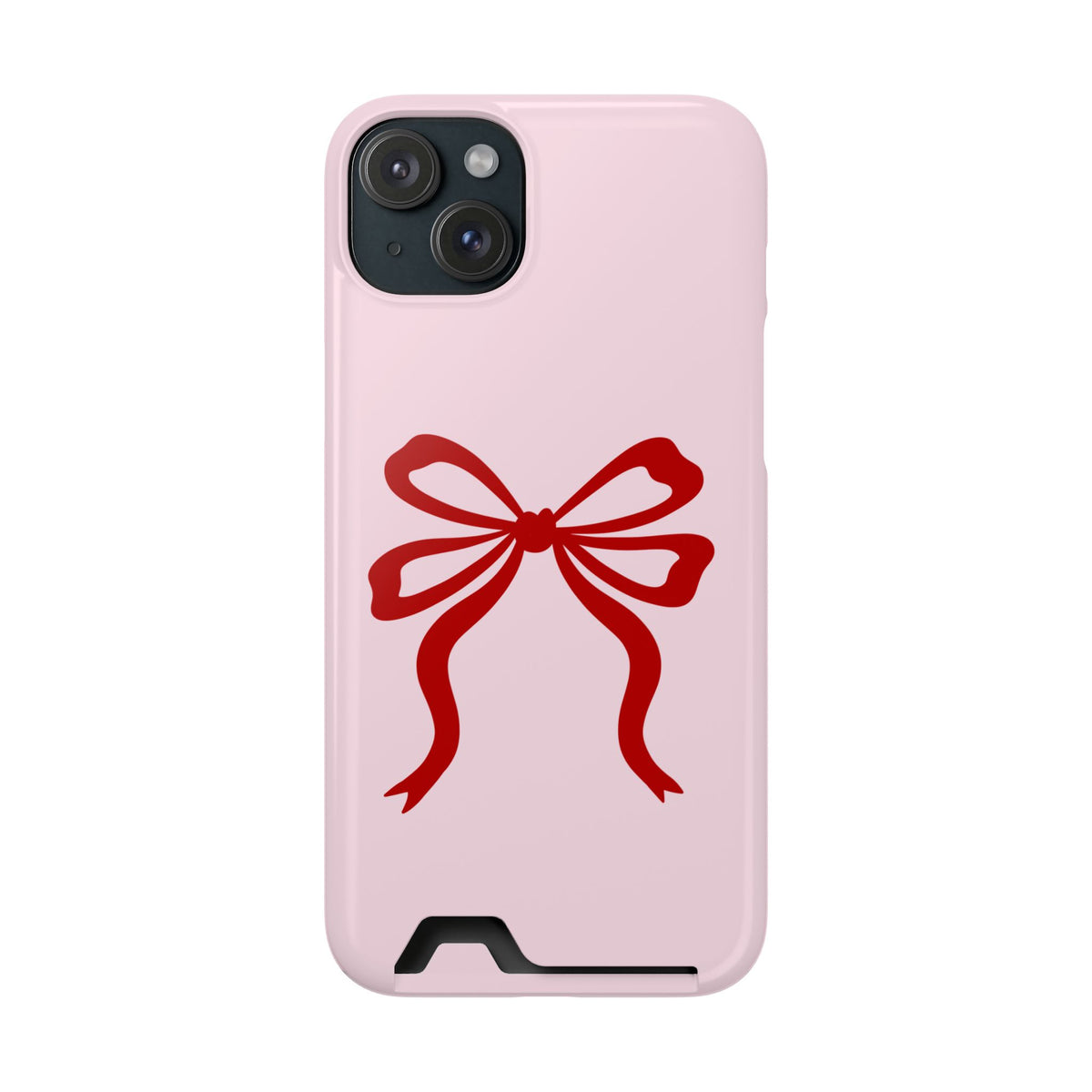 Red Ribbon Bow phone case with card holder for iPhone 15 Plus, glossy finish