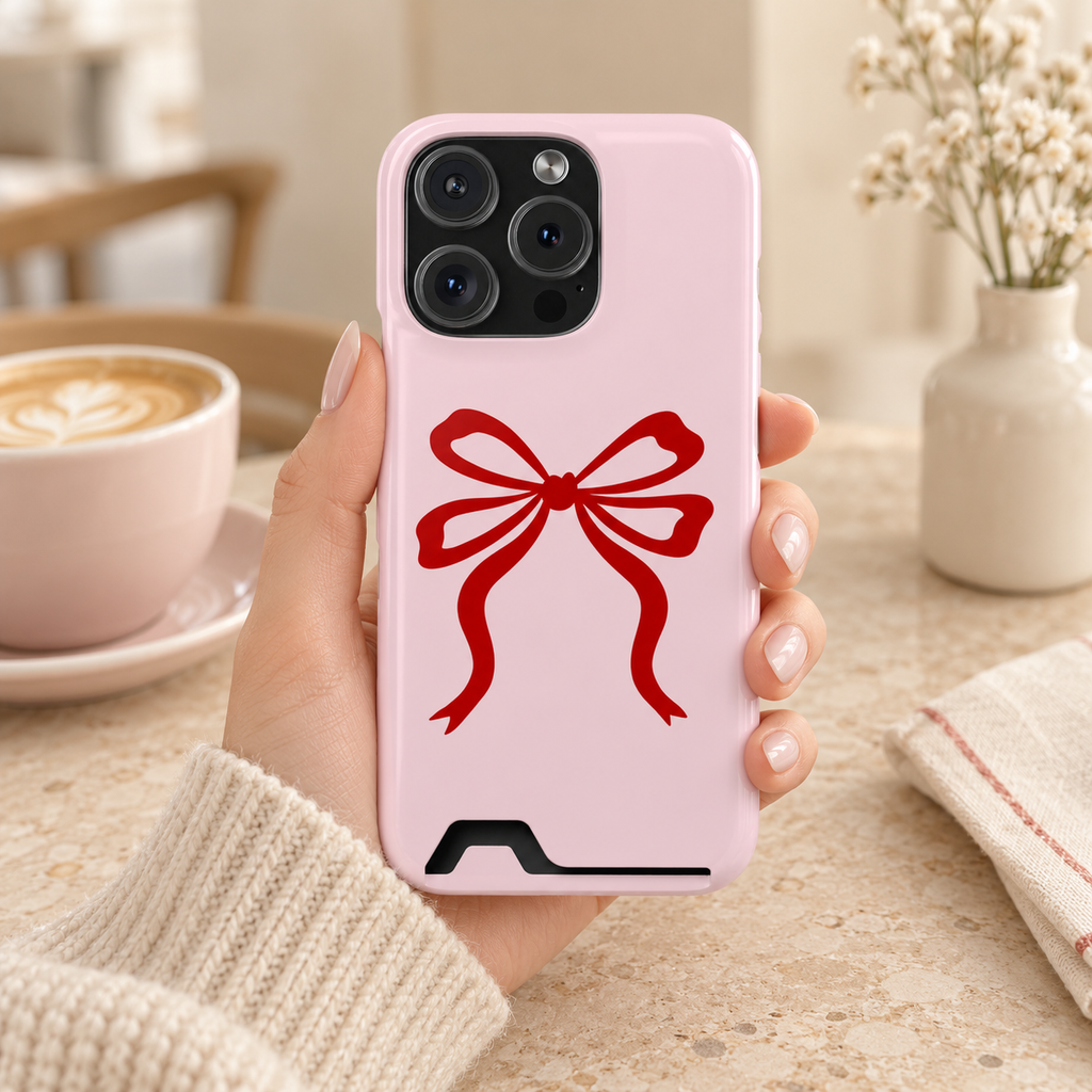 Red Ribbon Bow phone case with card holder, one big red ribbon bow on soft pink, lifestyle photo in hand with coffee