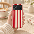 Red Stripe protective phone case, red and white candy stripes, lifestyle photo in hand with coffee