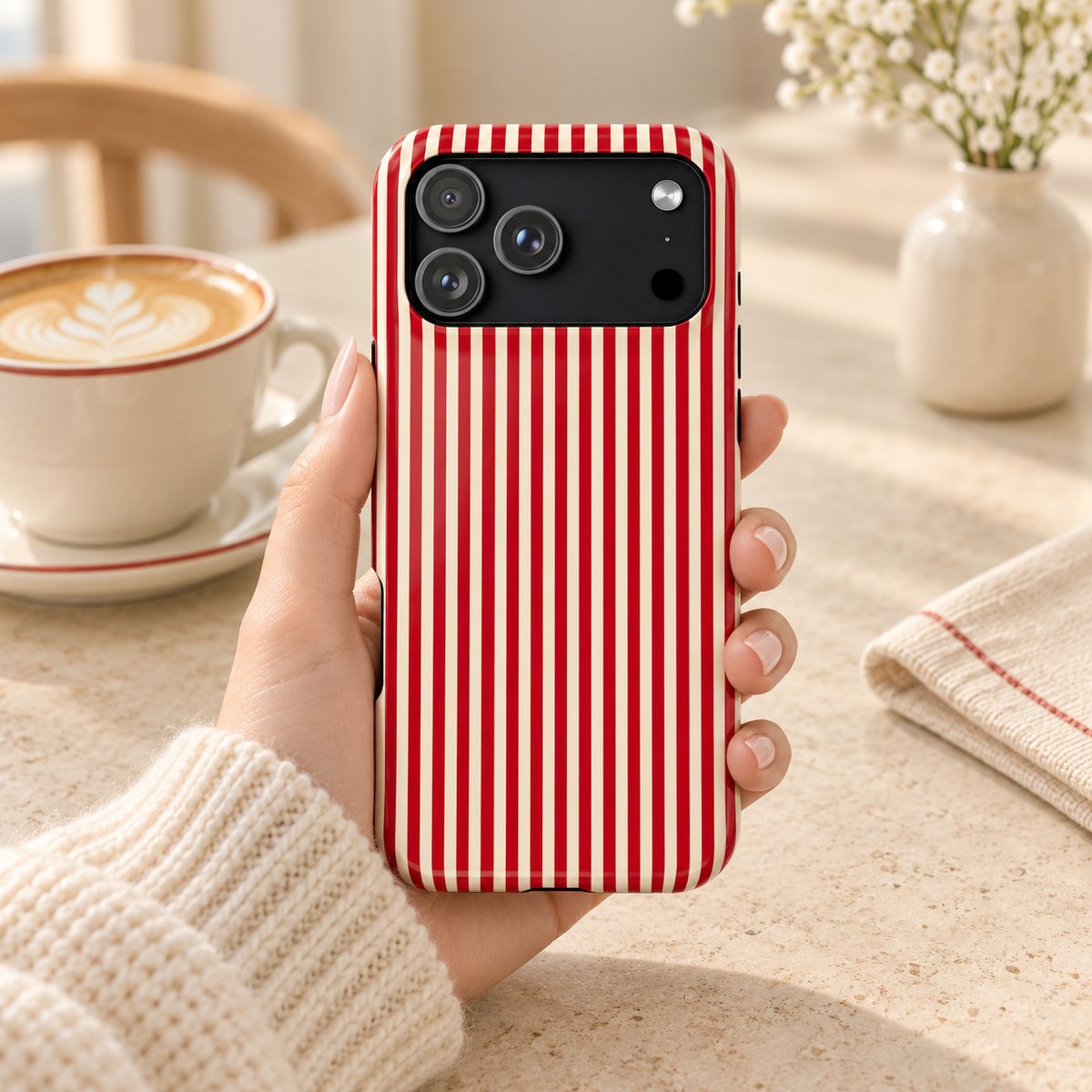 Red Stripe protective phone case, red and white candy stripes, lifestyle photo in hand with coffee