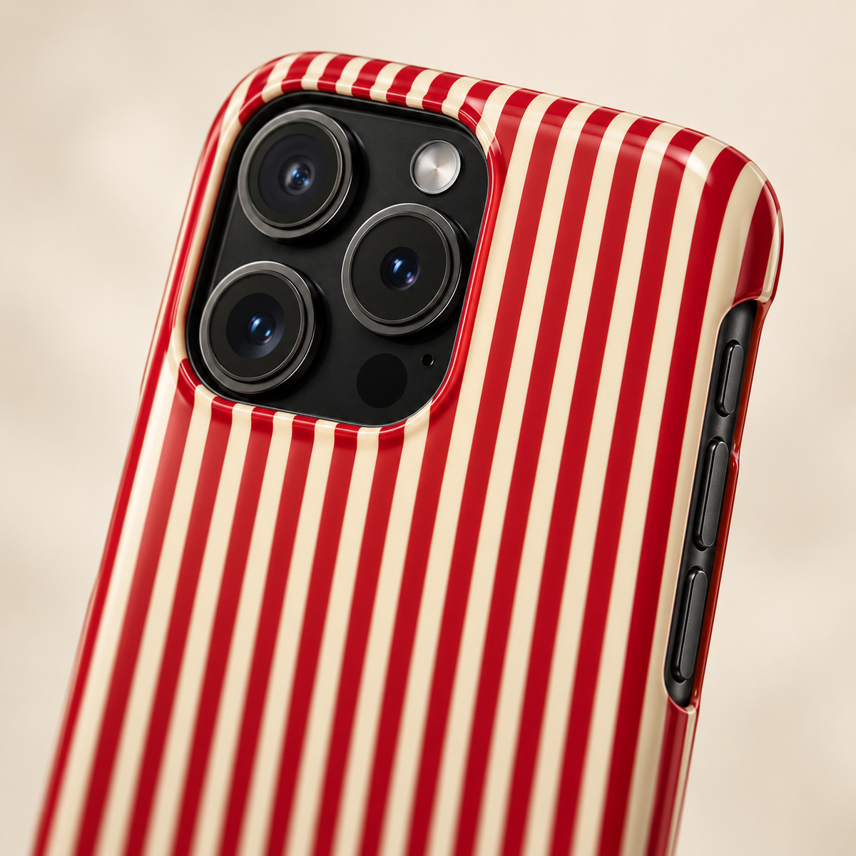 Red Stripe protective phone case, red and white candy stripes, lifestyle close-up of the camera