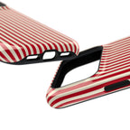 Red Stripe protective phone case, close-up at an angle