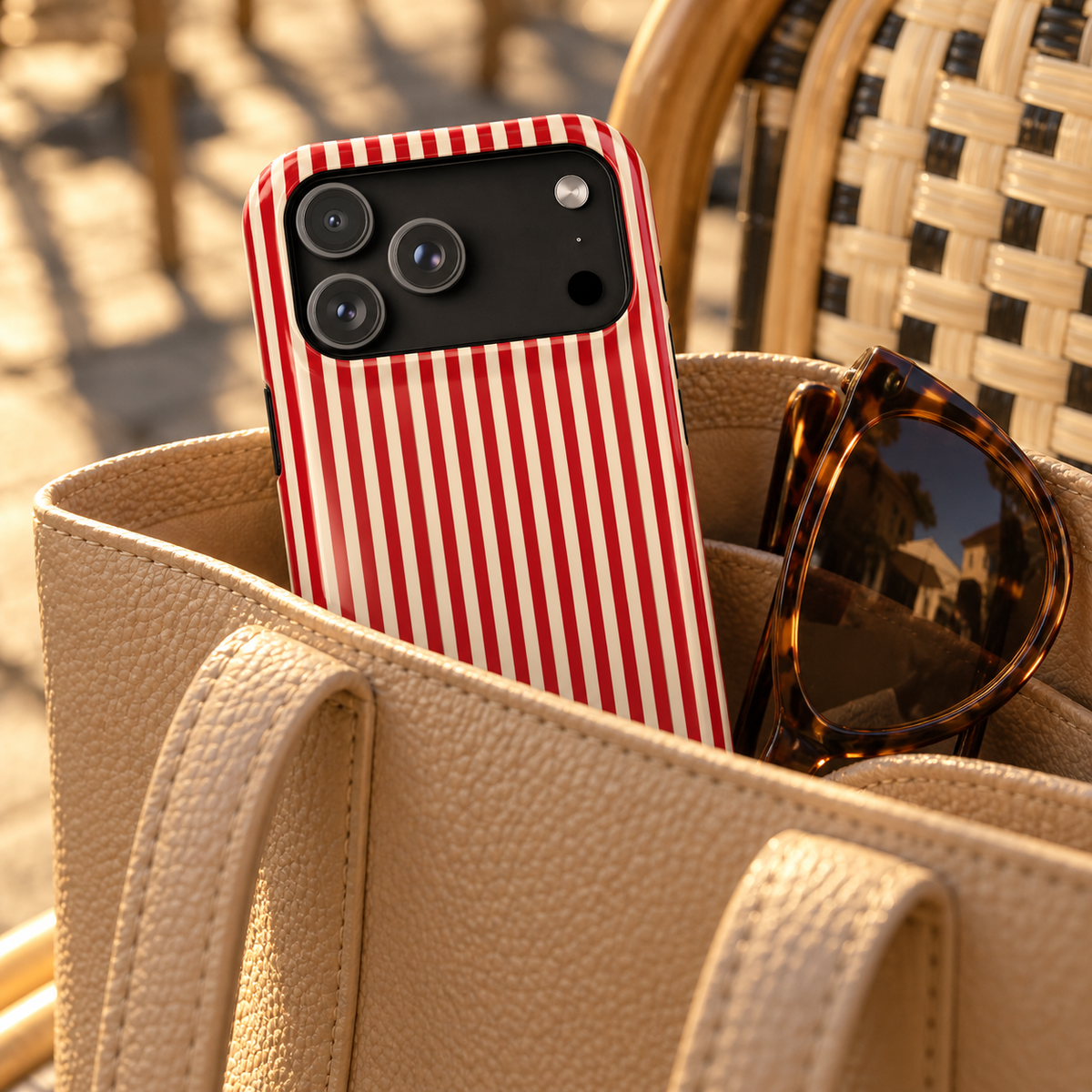 Red Stripe MagSafe case, red and white candy stripes, lifestyle photo in a handbag