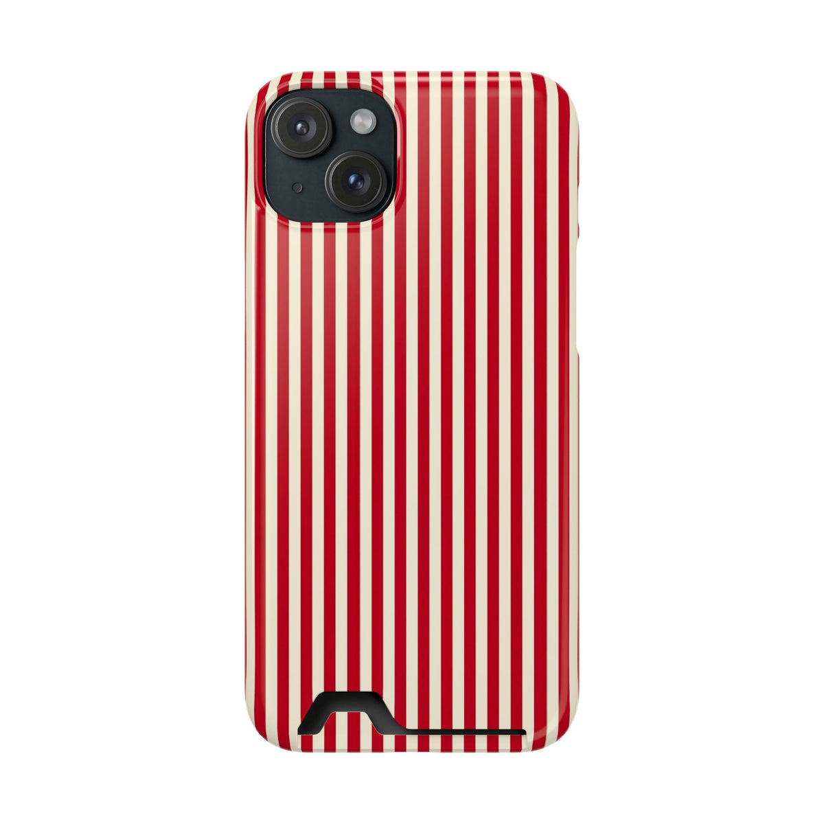 Red Stripe phone case with card holder for iPhone 15 Plus, glossy finish