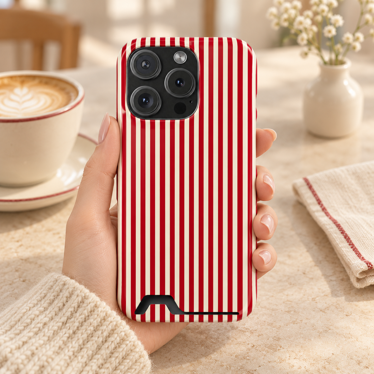 Red Stripe phone case with card holder, red and white candy stripes, lifestyle photo in hand with coffee
