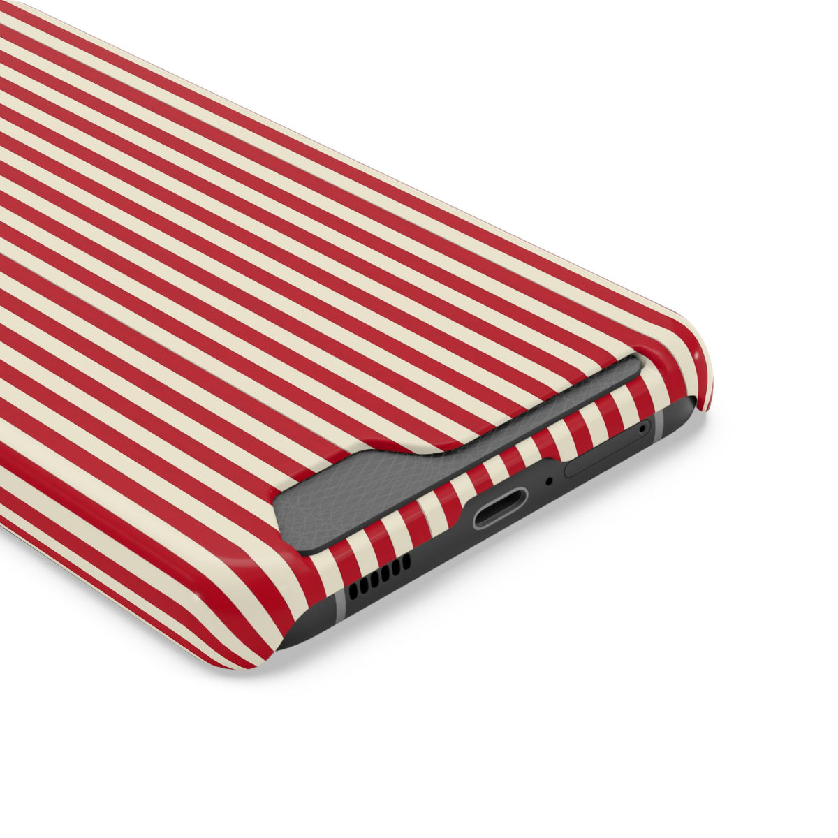 Red Stripe phone case with card holder, close-up of the card slot