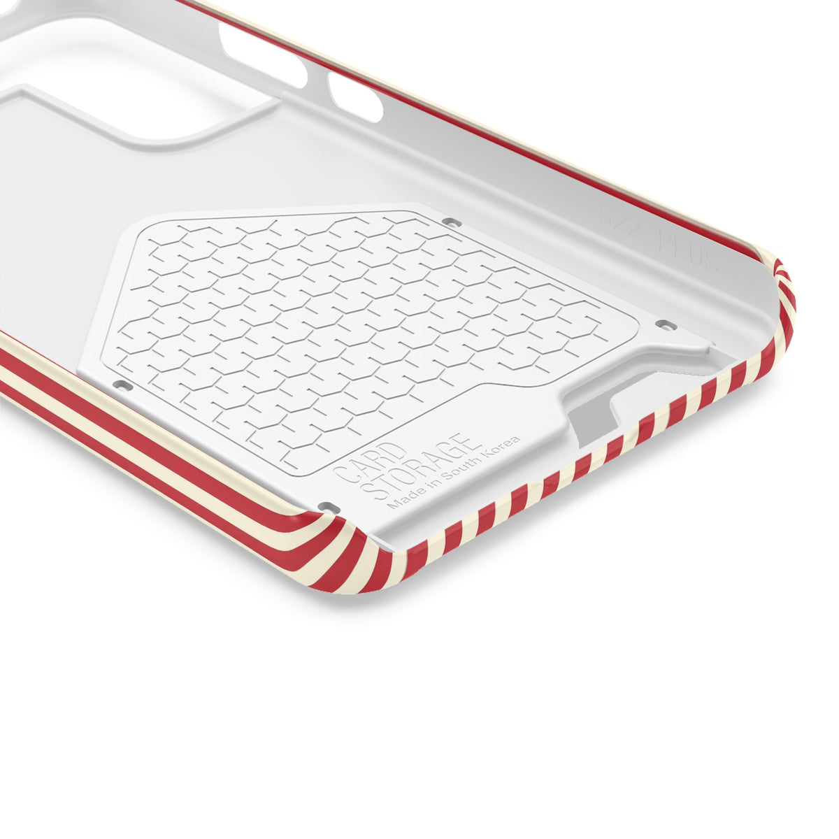 Red Stripe phone case with card holder, close-up of the inside