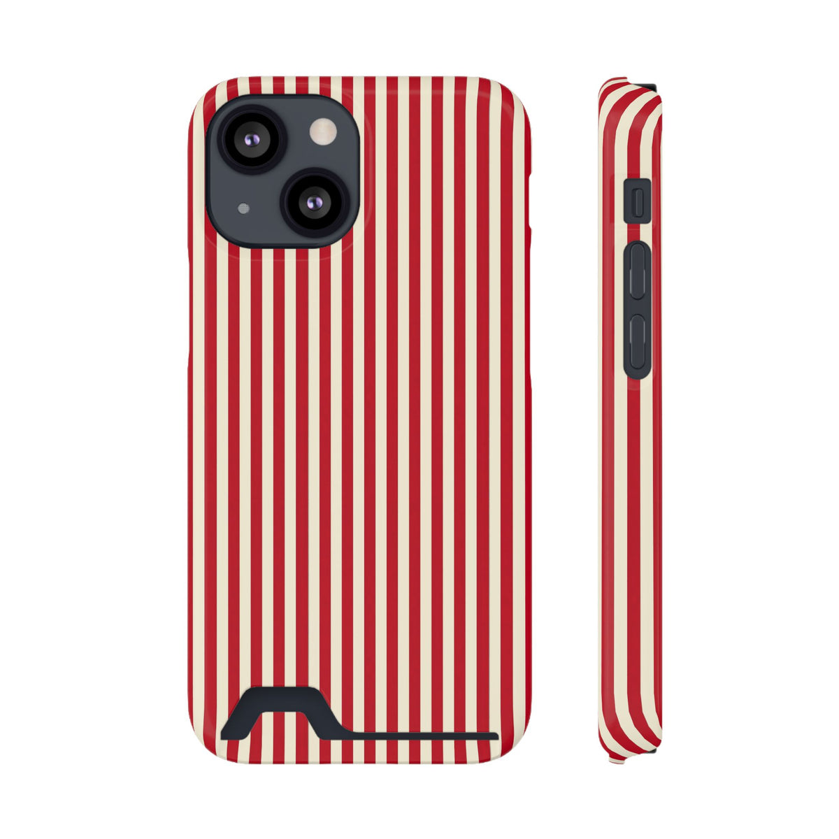 Red Stripe phone case with card holder for iPhone 13 Mini, glossy finish
