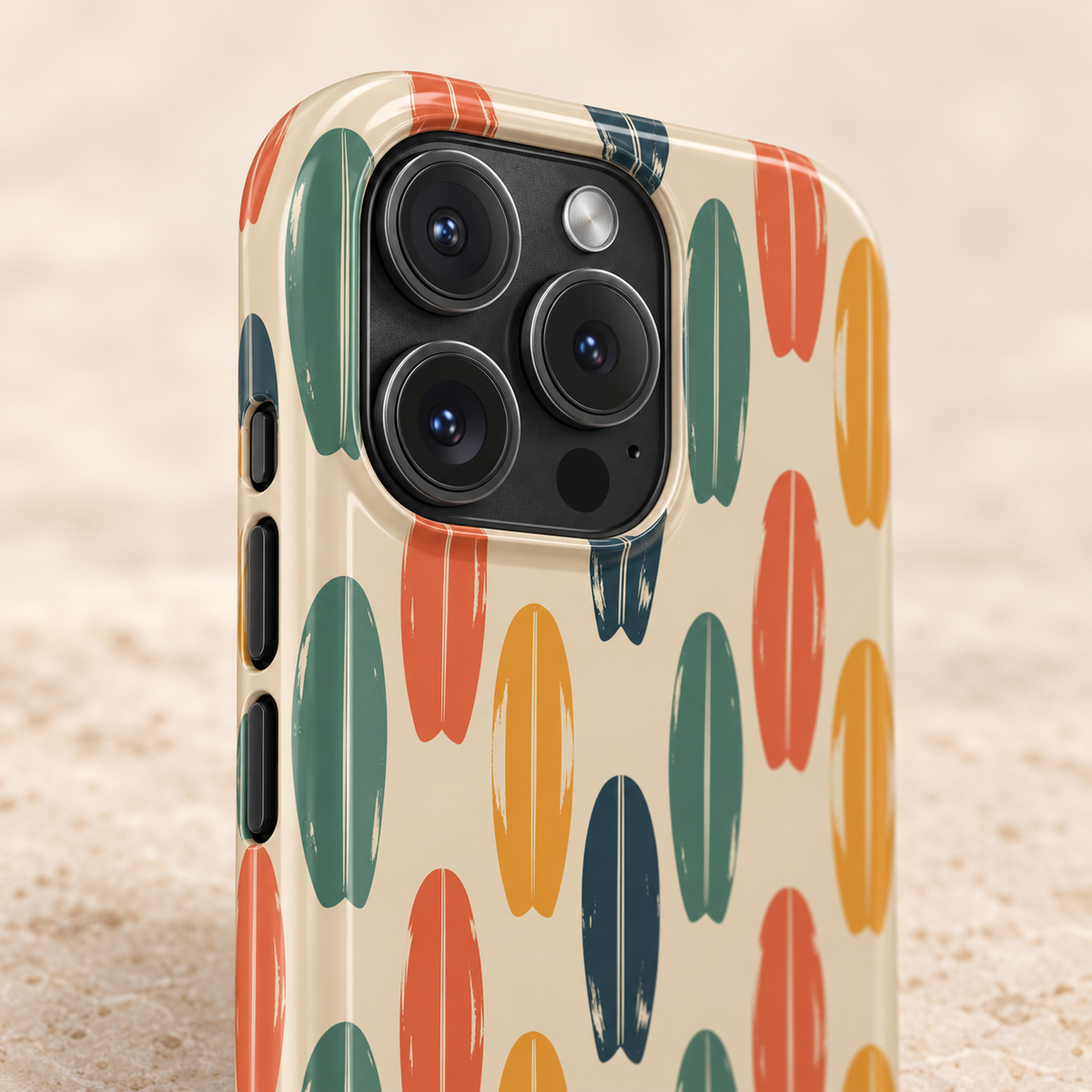 Retro Surfboard protective phone case, retro surfboards in orange, green and navy on cream, lifestyle close-up of the camera