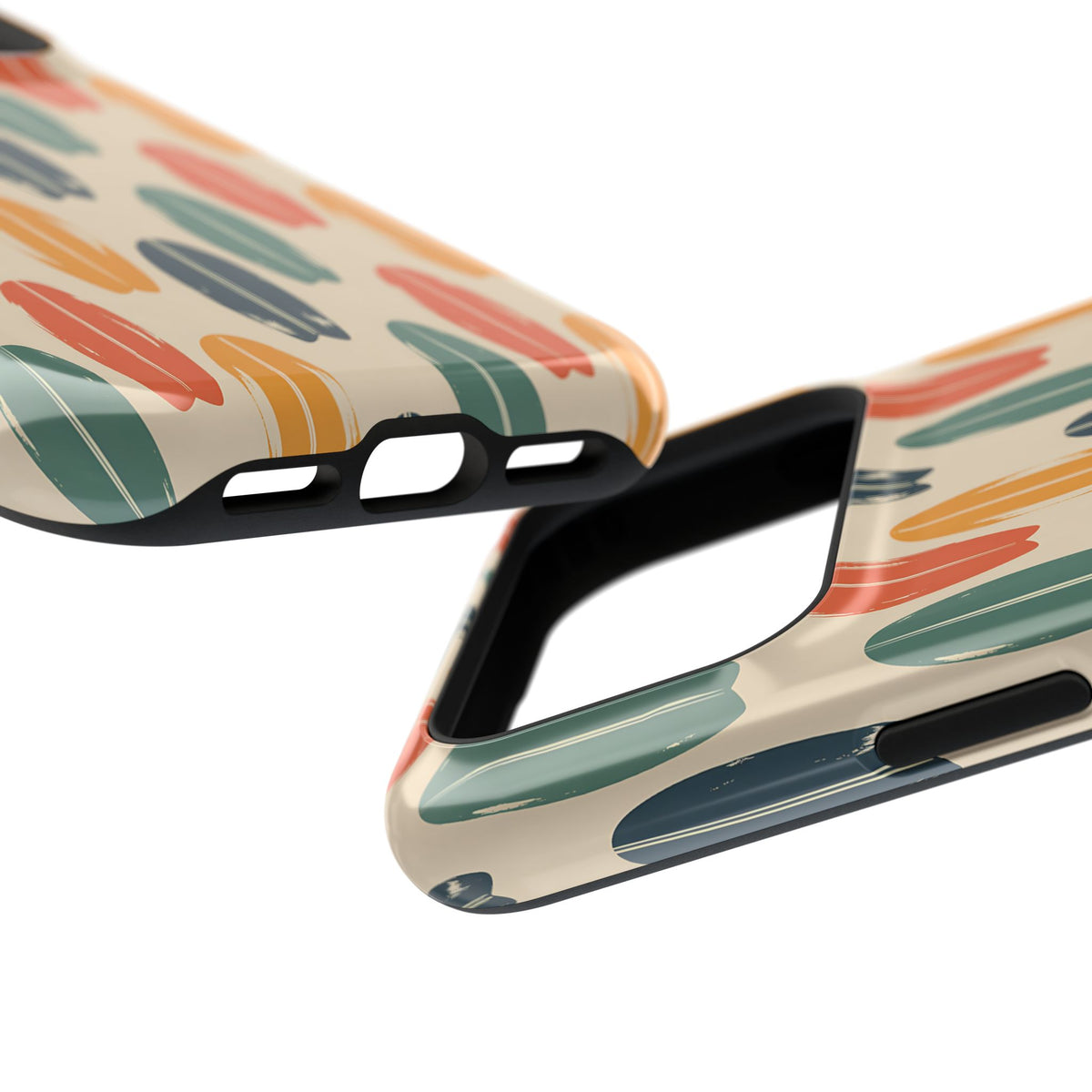 Retro Surfboard protective phone case, close-up at an angle