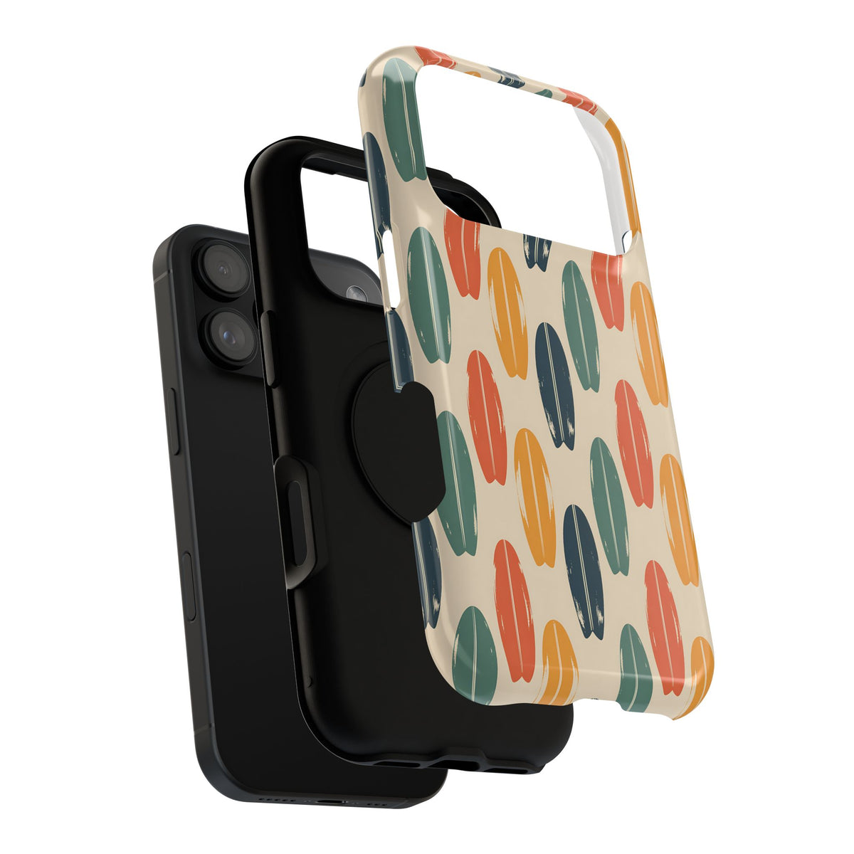 Retro Surfboard protective phone case, close-up of the dual-layer construction