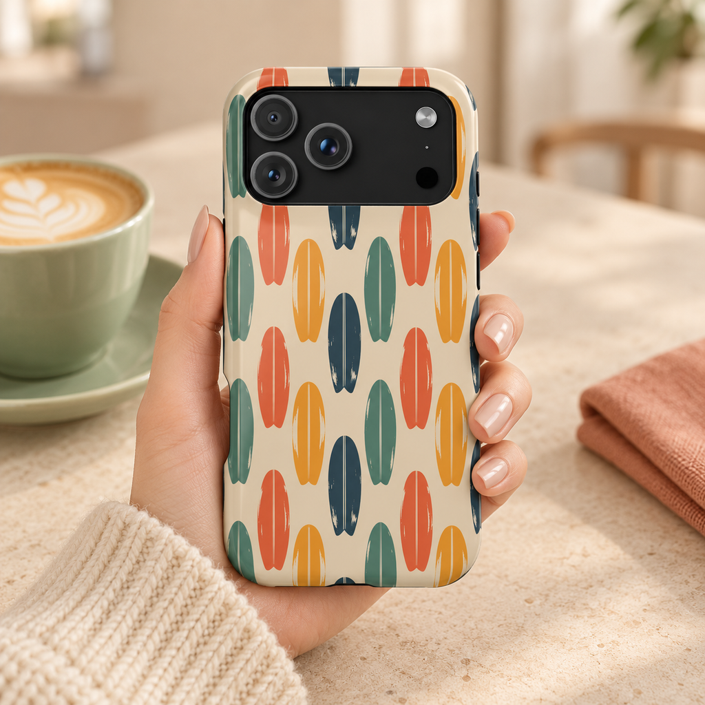 Retro Surfboard MagSafe case, retro surfboards in orange, green and navy on cream, lifestyle photo in hand with coffee