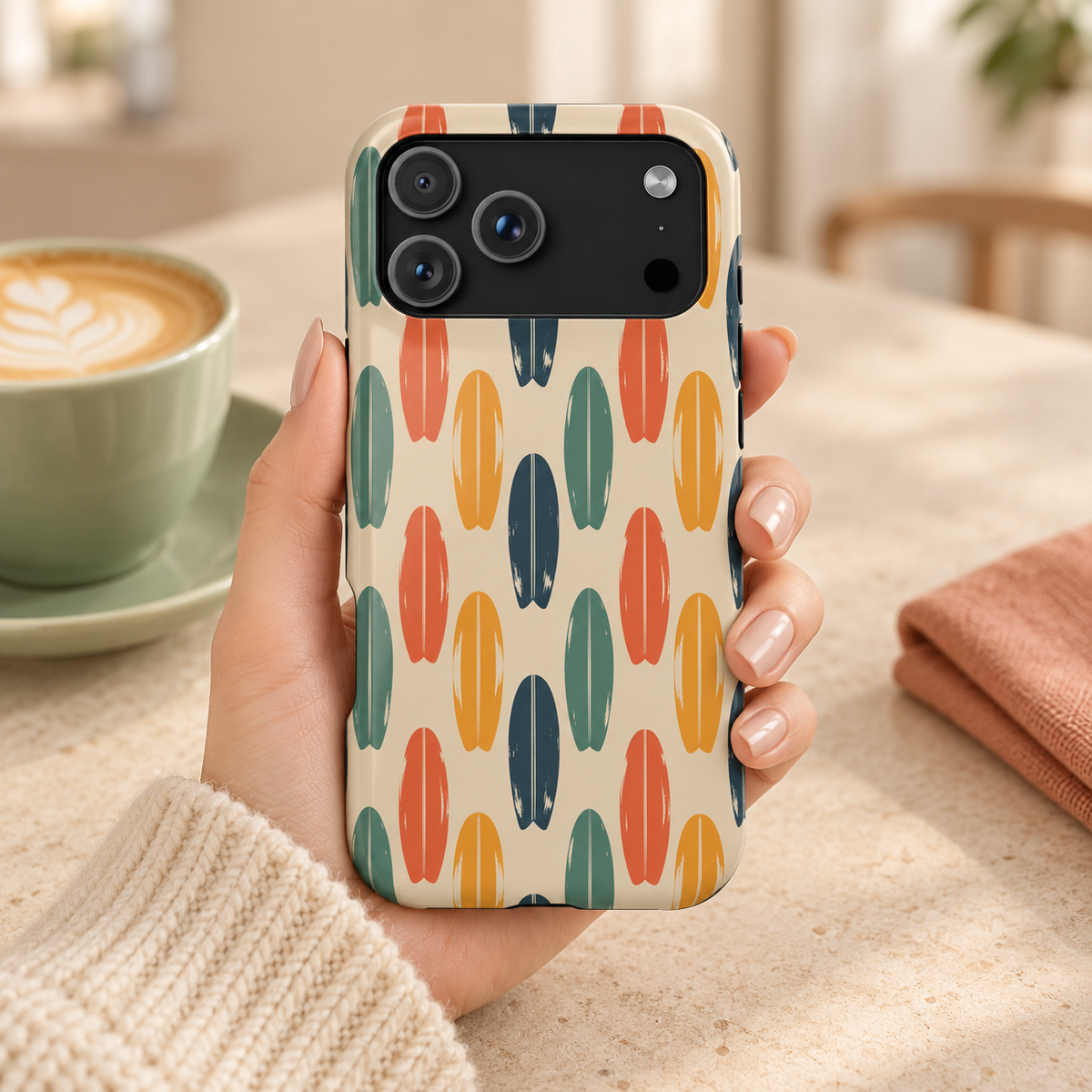 Retro Surfboard MagSafe case, retro surfboards in orange, green and navy on cream, lifestyle photo in hand with coffee