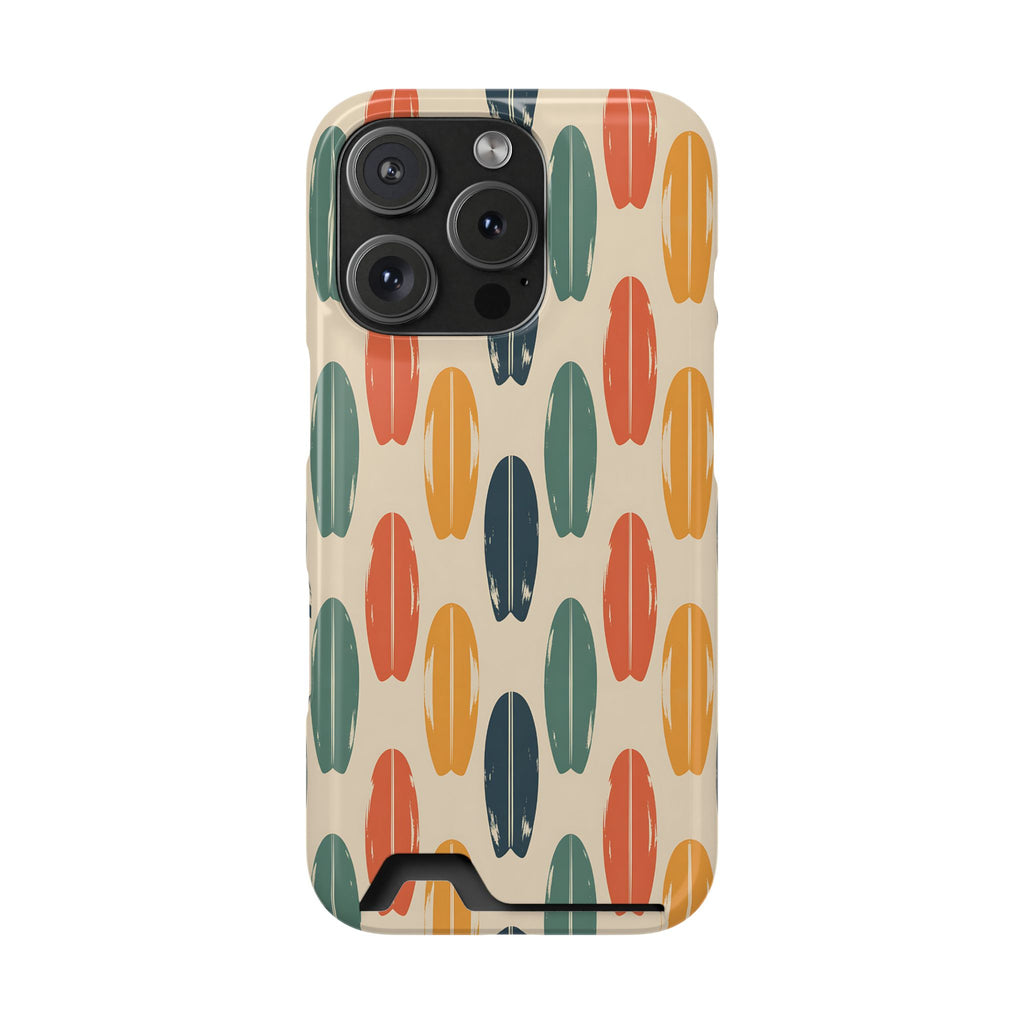 Retro Surfboard phone case with card holder for iPhone 16 Pro, glossy finish