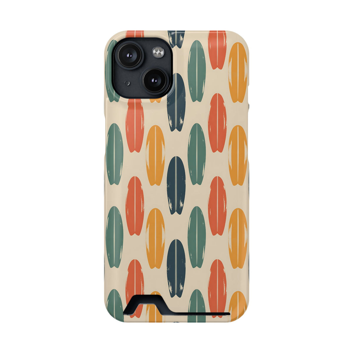 Retro Surfboard phone case with card holder for iPhone 14, glossy finish