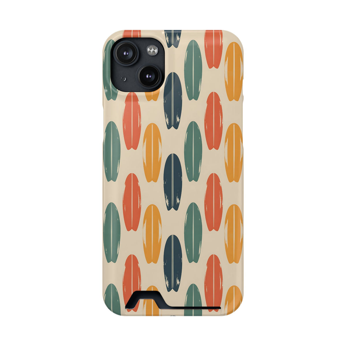 Retro Surfboard phone case with card holder for iPhone 14 Plus, glossy finish
