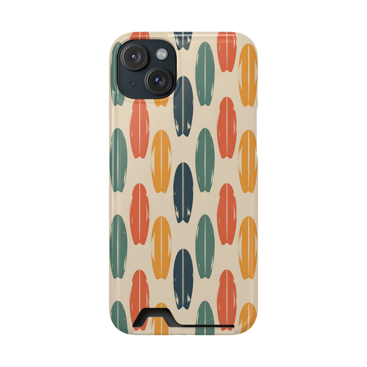 Retro Surfboard phone case with card holder for iPhone 15 Plus, glossy finish