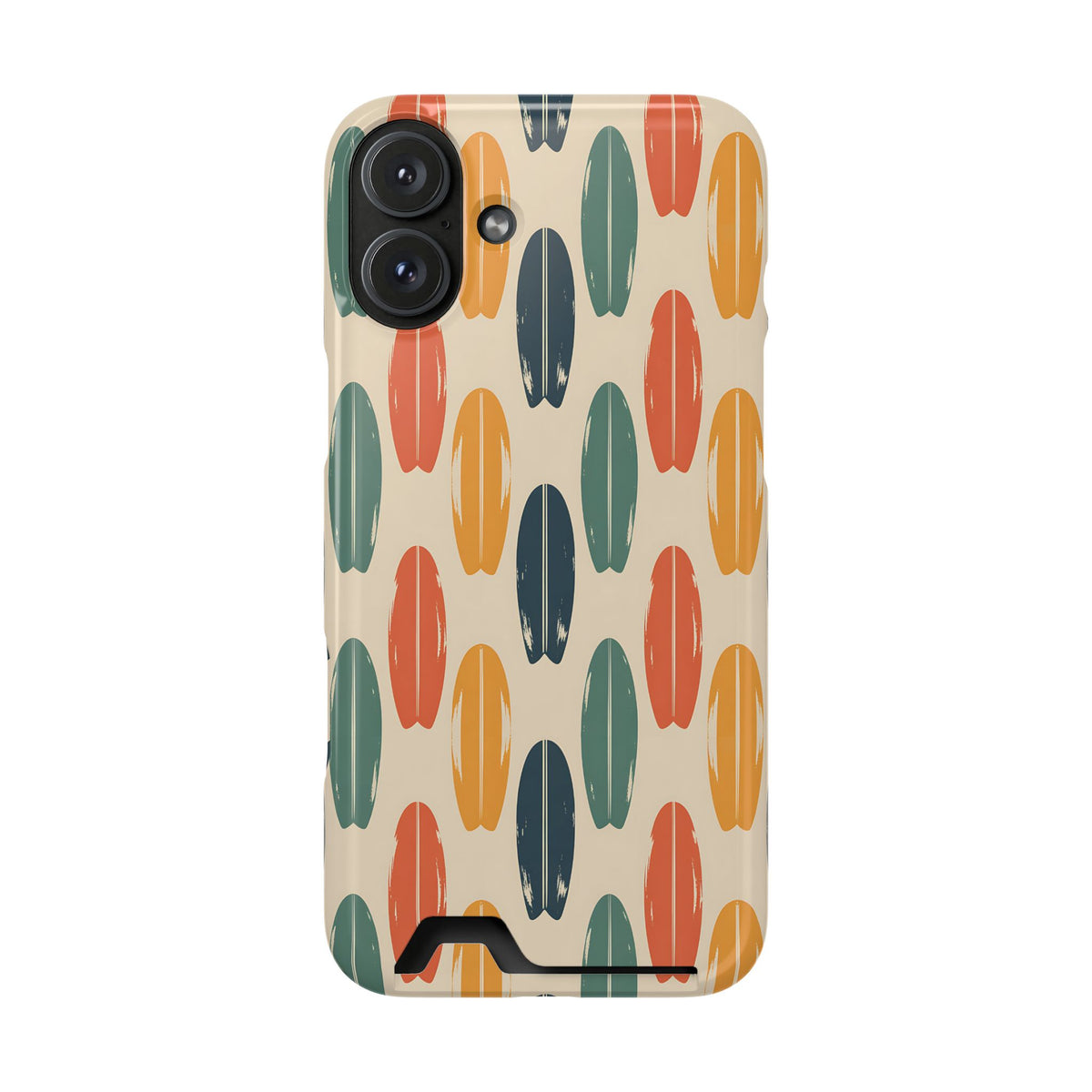 Retro Surfboard phone case with card holder for iPhone 16 Plus, glossy finish