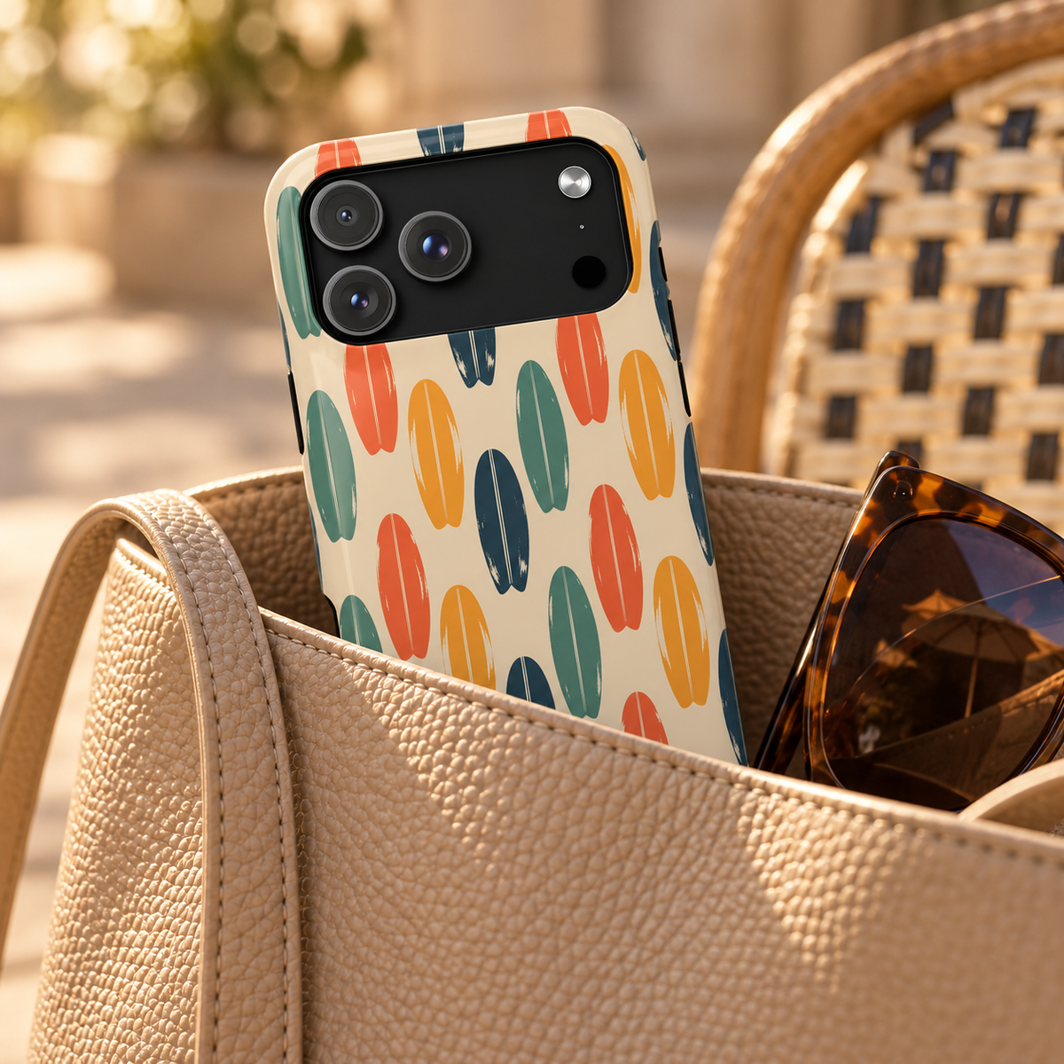 Retro Surfboard phone case with card holder, retro surfboards in orange, green and navy on cream, lifestyle photo in a handbag