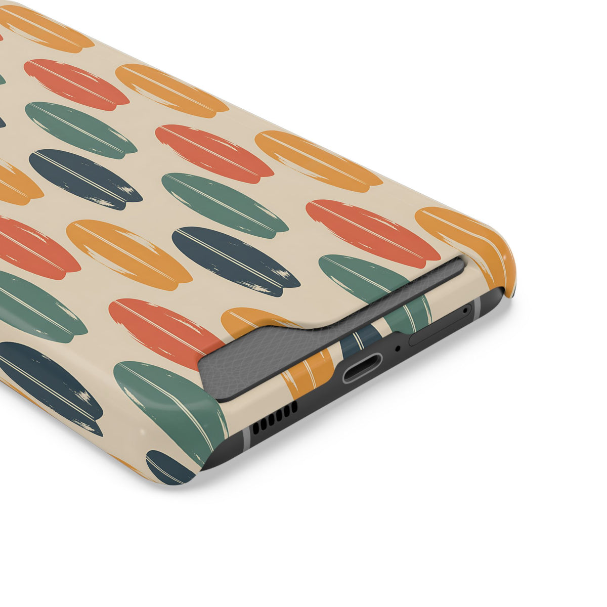Retro Surfboard phone case with card holder, close-up of the card slot