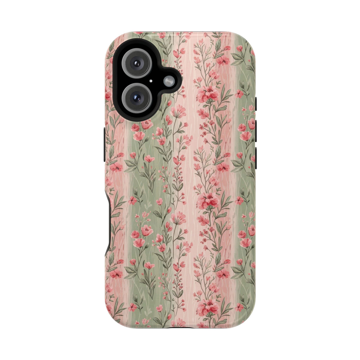 Rose Garden Stripe protective phone case for iPhone 16, glossy finish