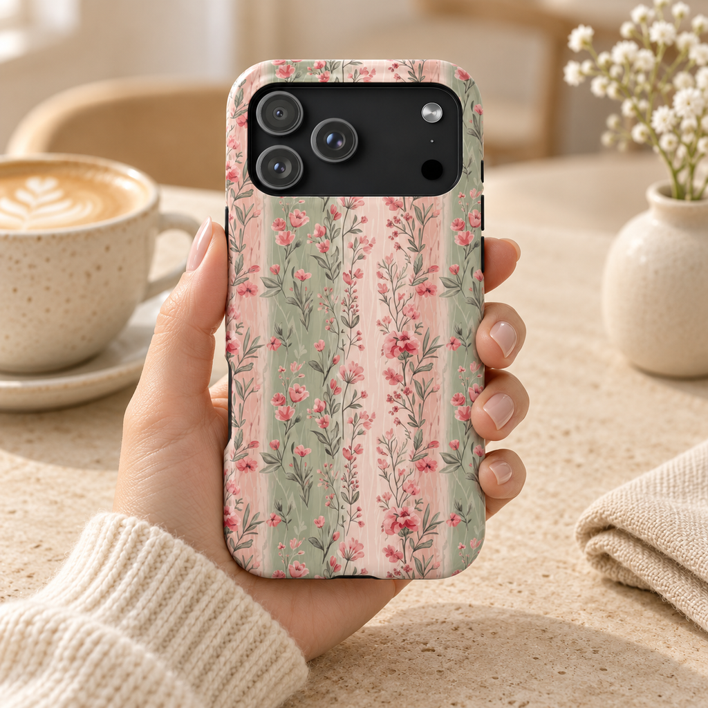 Rose Garden Stripe MagSafe case, pink rose vines on sage and blush stripes, lifestyle photo in hand with coffee