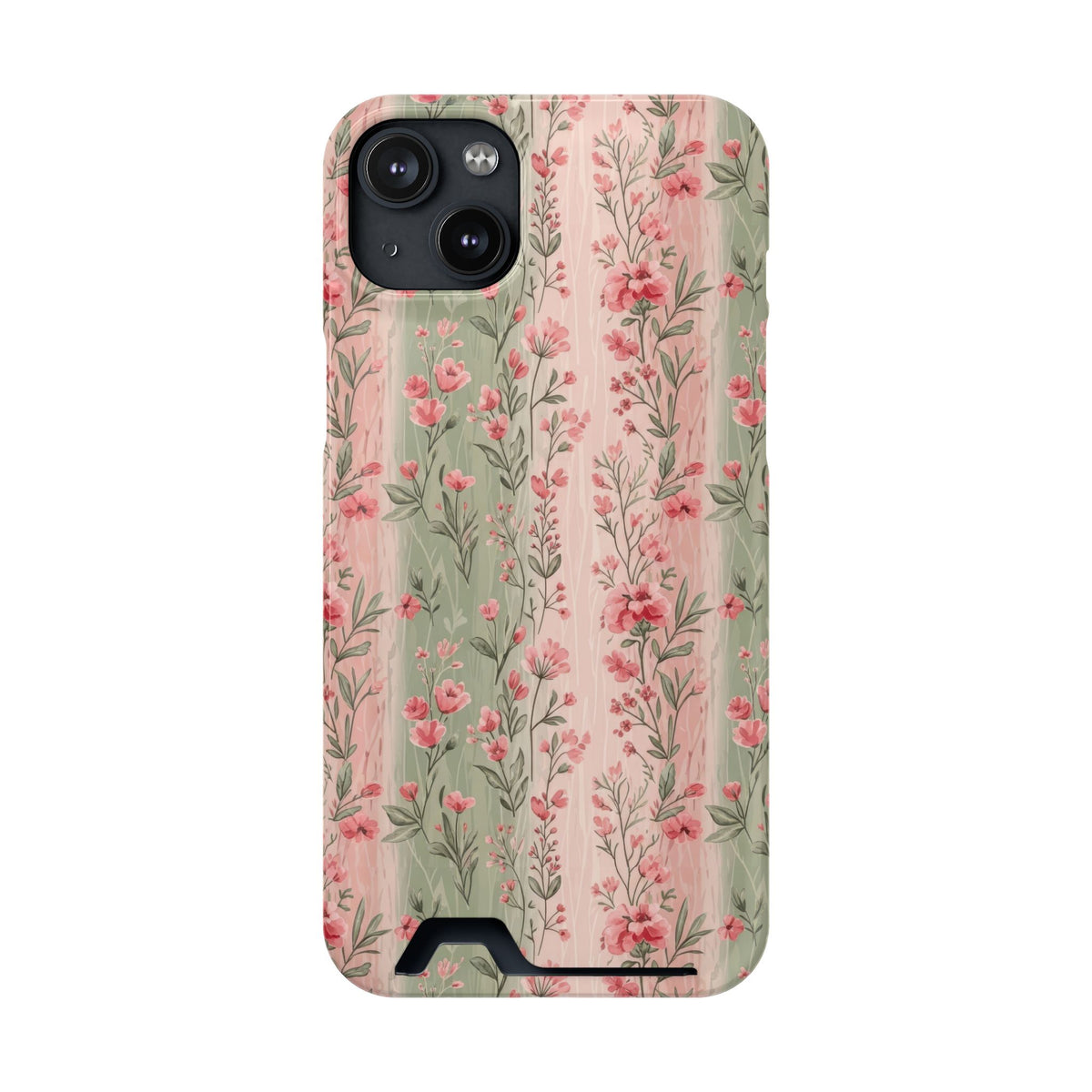 Rose Garden Stripe phone case with card holder for iPhone 14 Plus, glossy finish