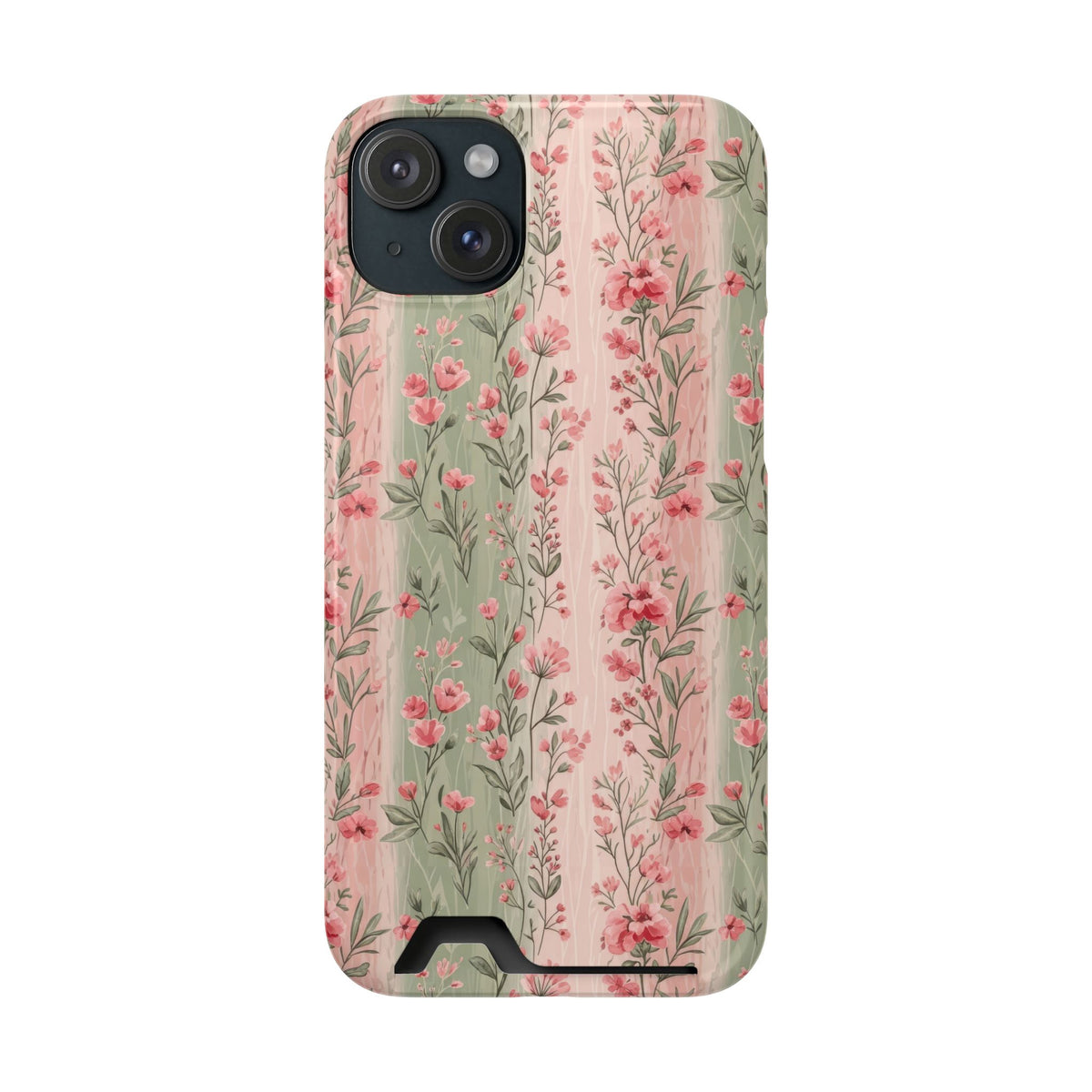 Rose Garden Stripe phone case with card holder for iPhone 15 Plus, glossy finish